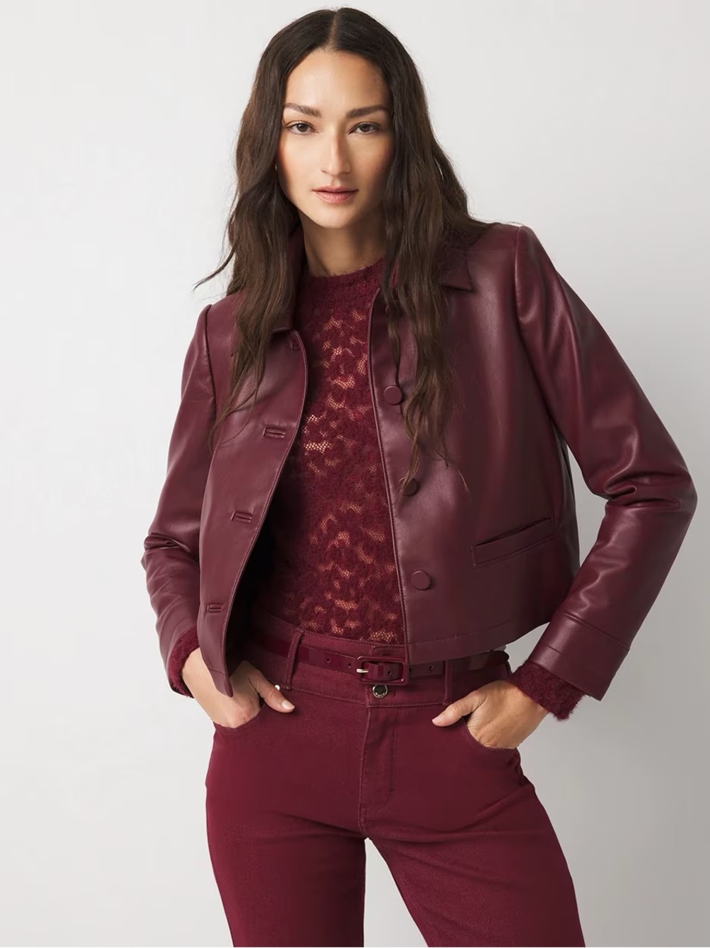 NWT WHBM Women's Wine-Red Leather Button Jacket
